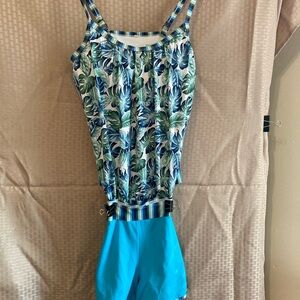 Tropical Leaf Print Swimsuit with Blue Shorts